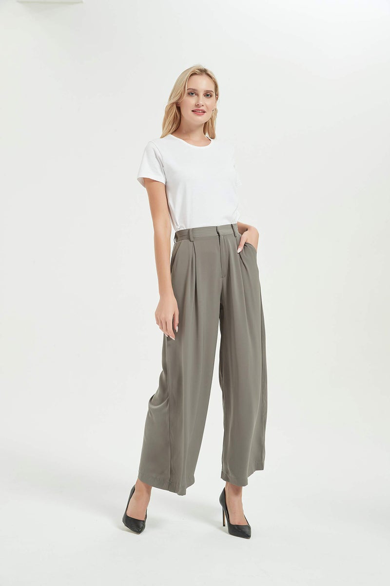 Tronjori Women High Waist Casual Wide Leg Long Palazzo Pants Trousers Regular Size(M, Dark Gray) - Image 5